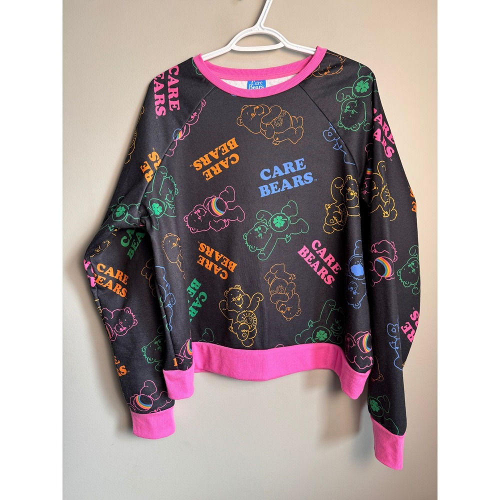 Care Bears Womens Black Rainbow Neon All Over Print Sweatshirt XL Retro Y2K